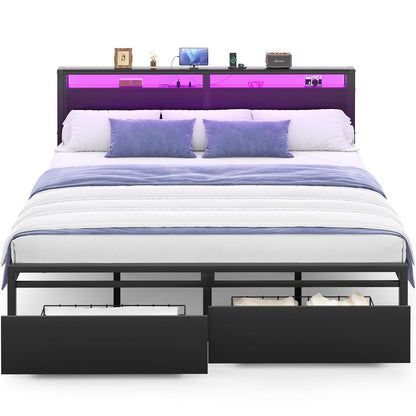 Homieasy King Size Bed Frame with 2 Storage Drawers, Industrial Metal Platform Bed with Charged Headboard and LED lights, No Box Spring Needed, Noise-Free, Easy Assembly, Black