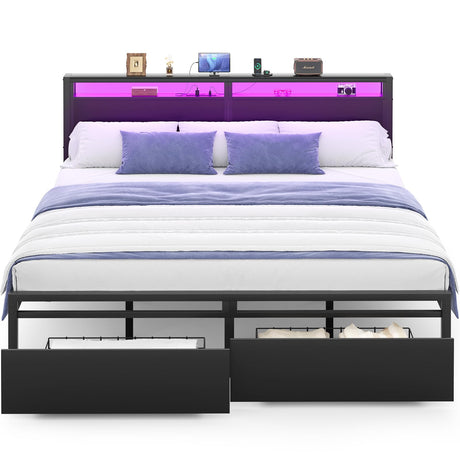Homieasy Black King Size Bed Frame with LED Headboard, 2 Storage Drawers, and Noise-Free Design Homieasy