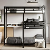 PVWIIK Triple Bunk Bed with Built-in Ladder and Full-Length Guardrails for 3 Kids,Metal L-Shaped Bunk Bed,Space Saving Design, No Box Spring Needed, Black PVWIIK