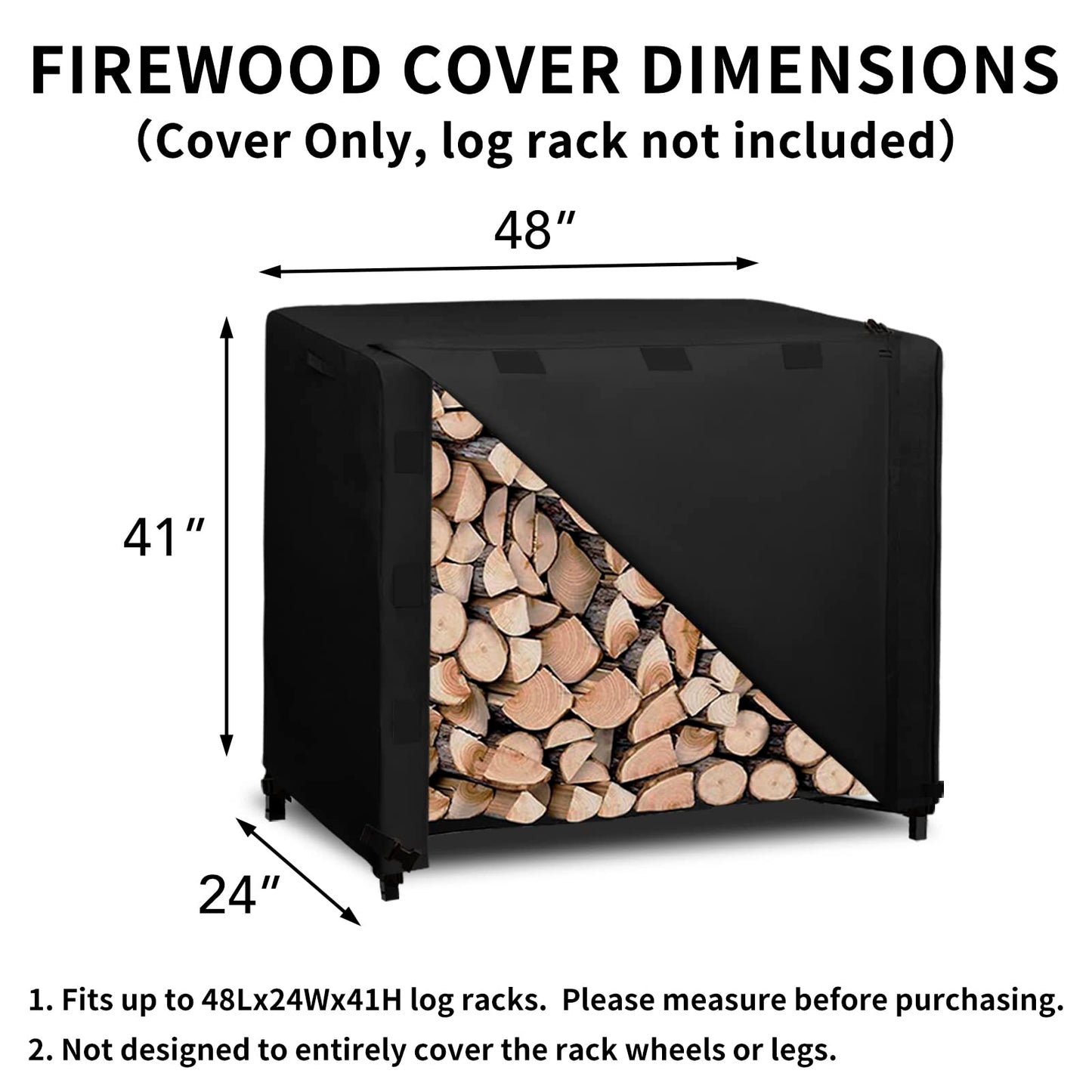 Easy-Going 4 Feet Outdoor Log Rack Cover Durable Waterproof Weatherproof Firewood Cover with Openable Front Flap, Cover ONLY (48"x24"x41", Black)