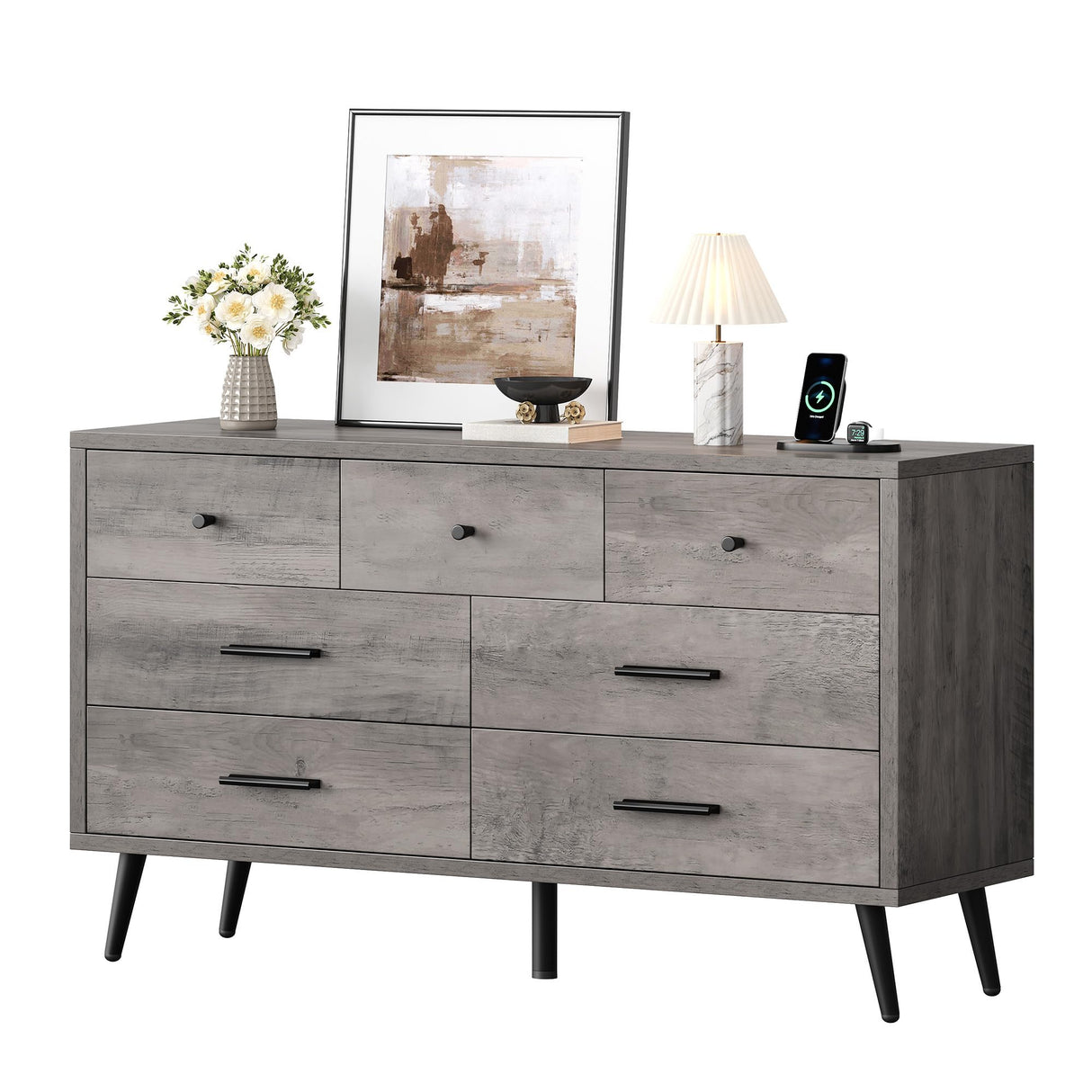 DWVO Grey 7 Drawer Dresser, 47" W Large Double Dresser Chest of Drawers, Modern Wood Storage Organizer with Black Metal Handles & Anti-Tipping Device for Hallway, Entryway DWVO