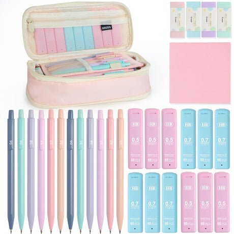Mechanical Pencil Set with Cute Pencil Case, 12PCS Pastel Mechanical Pencils 0.5 & 0.7mm with 720PCS HB Leads, 4PCS Erasers and 1x Sticky Note, Suitable for School Writing, Drafting Drawing Sketching GUGUKUKU