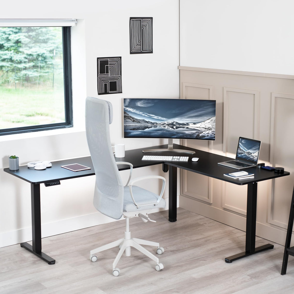 VIVO Electric Corner L-Shaped 75 x 63 inch Standing Desk, Height Adjustable, Memory Controller, Black Top Black Frame, DESK-E3CTB-75 VIVO