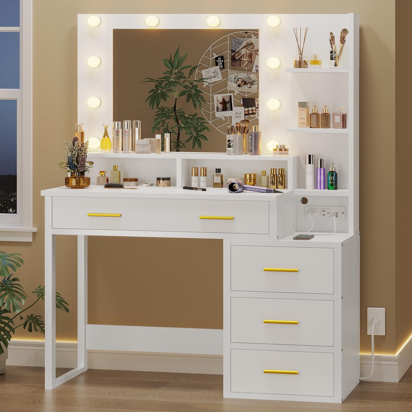 Tiptiper Makeup Vanity with Lights, Vanity Desk with Charging Station, White Vanity Table with 10 Light Bulbs Mirror & 3 Lighting Modes, Makeup Desk with Drawers, Nightstand and Storage Shelves