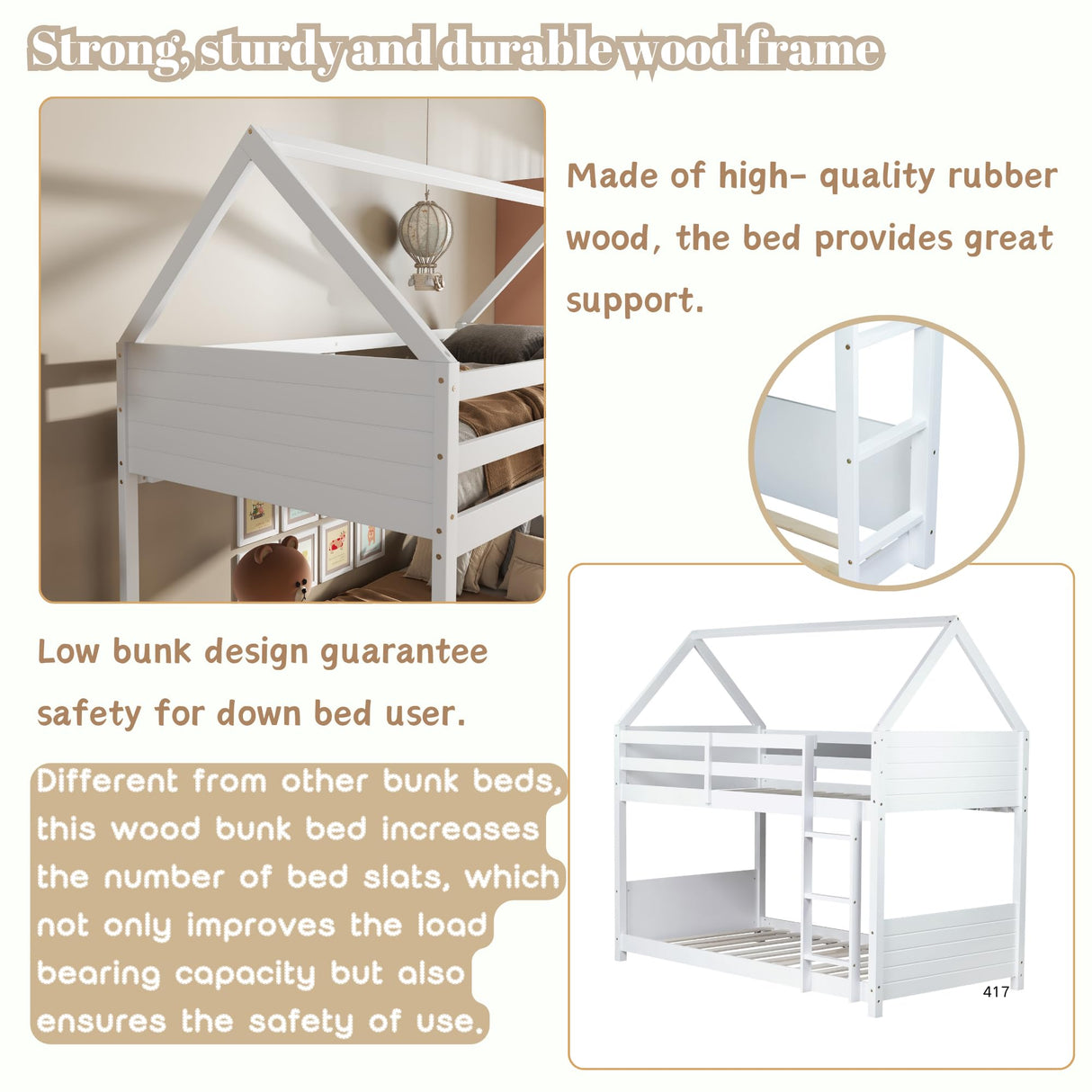 Twin Over Twin Bunk Bed, Wooden House Bunk Bed with Ladder and Guardrail for Bedroom, Dormitory, Floor Bunk Beds with Headboard and Footboard for Kids, Teens, No Box Spring Needed, White Bellemave