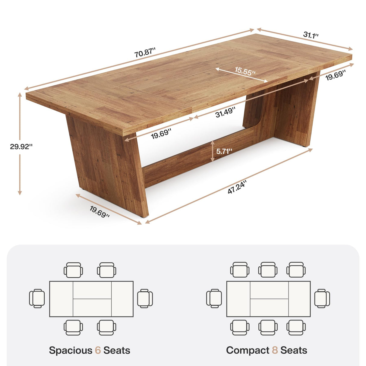 Tribesigns 70.87-Inch Dining Room Table: Wood Large Dining Table for 6-8 People, Rectangular Farmhouse Kitchen Table with Solid Pedestal, Rustic Long Dinner Table for Big Family Tribesigns