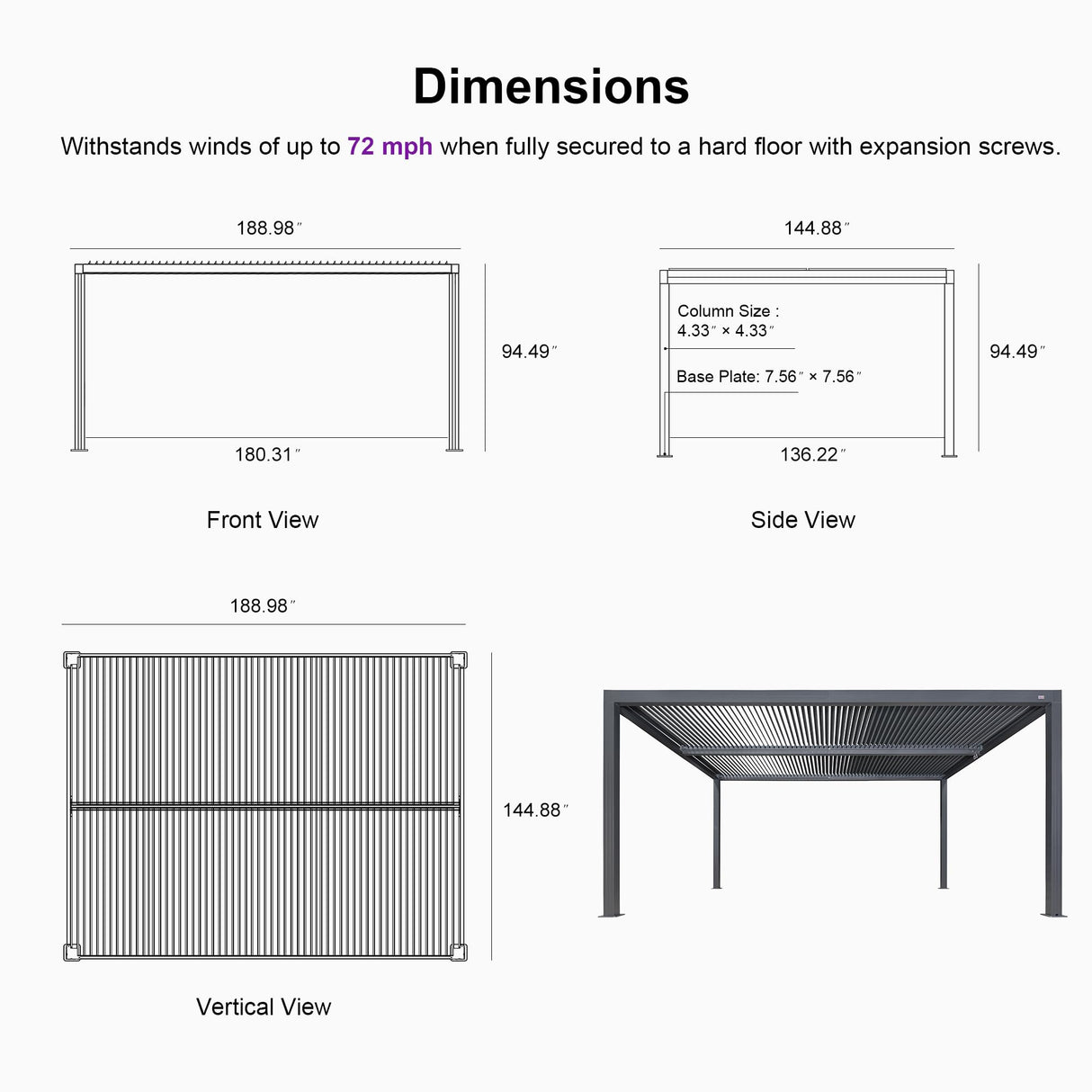PURPLE LEAF Louvered Pergola 94AS 12' x 16' Outdoor Aluminum Pergola with Fixed Shutter Wall Adjustable Roof for Deck Backyard Grey Hardtop Gazebo, 1/4 Long Side and 1 Short Side PURPLE LEAF