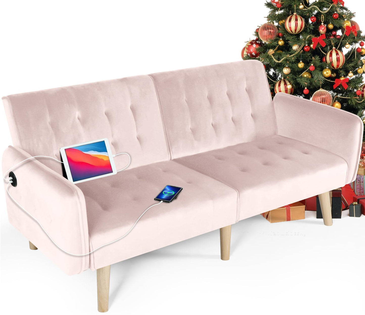 TYBOATLE 65" W Velvet Modern Convertible Folding Futon Couch Sofa Bed w/ 2 USB Charging Ports and arms, Loveseat for Compact Living Space, Dorm, Game Studio, Bonus Room, Apartment, Bedroom (Pink)