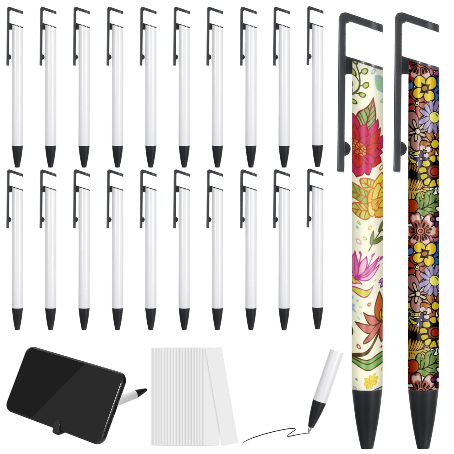 20 Pcs Sublimation Pens, Blank Heat Transfer Ballpoint Pens with Shrink Wrap Sleeves, White Coated Aluminum Customized Clip Pens for DIY, School Office Stationery Supplies