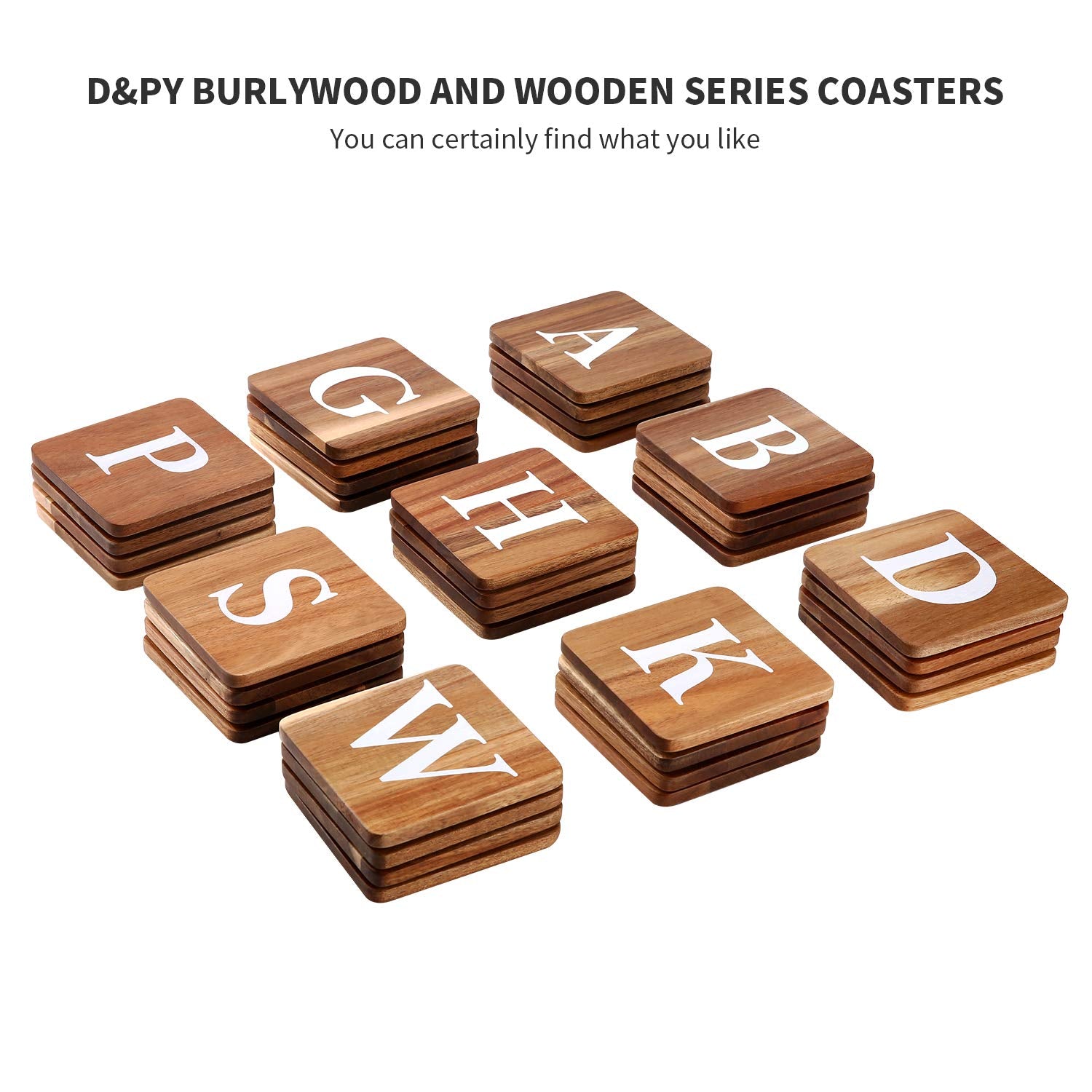 Wood Coasters for Drinks - 4-Pack Square Cup Coasters Personalized Monogram Coasters | Funny Housewarming Gift Wedding Decorations Or Even for Your Kitchen, Office Desk & Coffee Table - WoodArtSupply