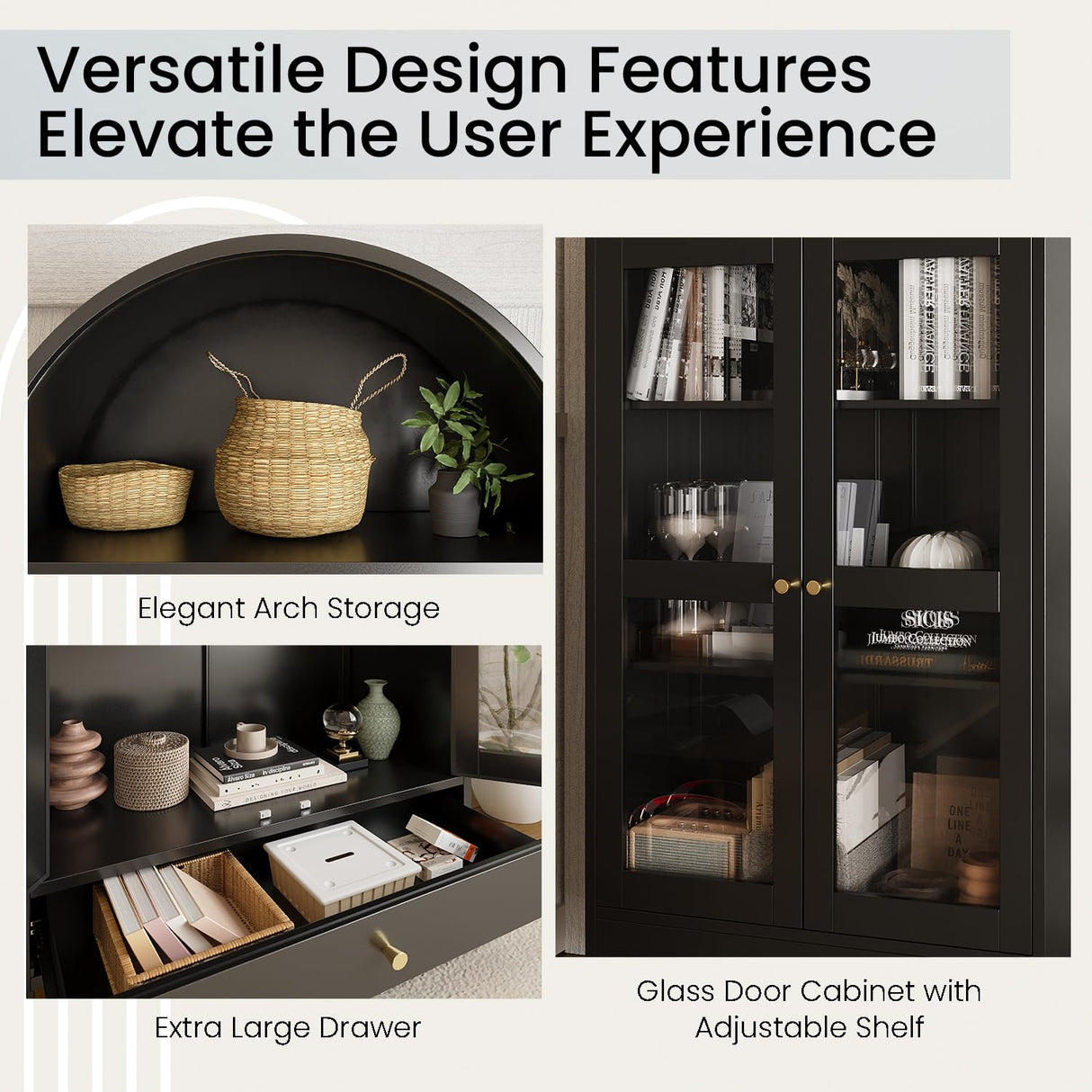 JFHID 73'' Arched Metal Storage Cabinet, Modern Kitchen Pantry with Glass Door, Drawer & Adjustable Shelves, Curio Display Bookcase for Kitchen, Dining or Living Room JFHID