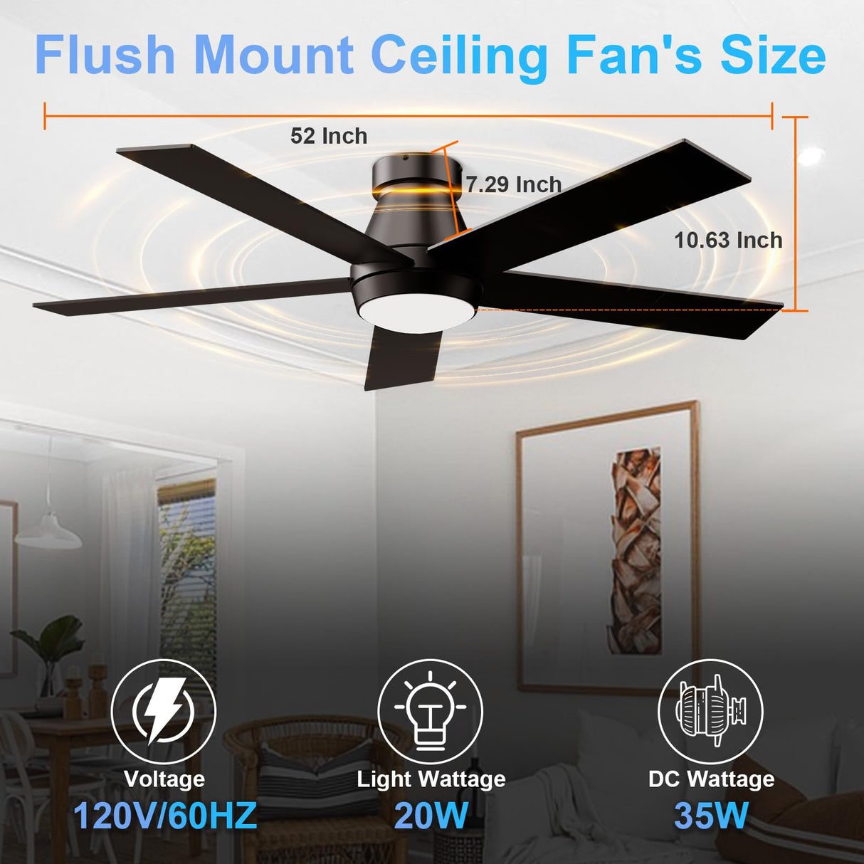 TCL 52" Ceiling Fan with Lights, Black Flush Mount Ceiling Fans, 5 Blades Low Profile Ceiling Fans, 6 Speeds DC Reversible, Dimmable, Modern Ceiling Fans for Bedroom, Living Room and Garage TCL