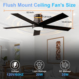 TCL 52" Ceiling Fan with Lights, Black Flush Mount Ceiling Fans, 5 Blades Low Profile Ceiling Fans, 6 Speeds DC Reversible, Dimmable, Modern Ceiling Fans for Bedroom, Living Room and Garage TCL