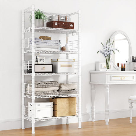 FUTASSI Metal Storage Rack, Storage Organizer Shelves for Kitchen, Bathroom, Living Room, Balcony and Garage, 5 Tiers Narrow Bookshelf, 21.2" W x 9.4" D x 59.2" H, Load 400lbs, White FUTASSI