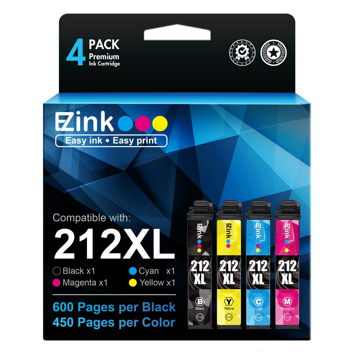 E-Z Ink 212 Ink Cartridge Remanufactured Replacement for Epson 212 212XL T212 Ink Cartridges Work for Epson Expression Home XP-4100 XP-4105 Workforce WF-2850 WF-2830 (Black, Cyan, Magenta, Yellow) E-Z Ink