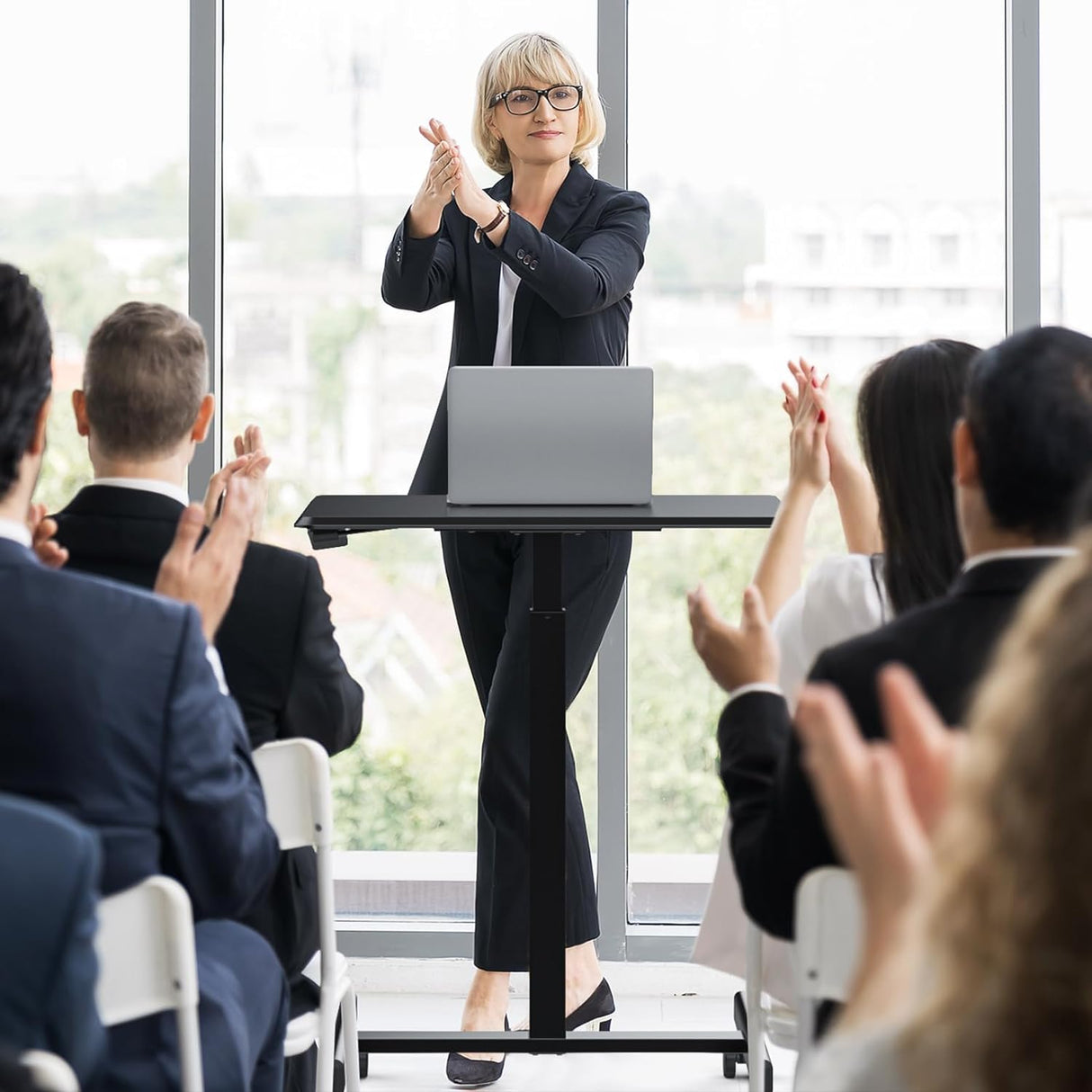 DUMOS Small Standing Desk Mobile Portable Rolling Laptop Desk on Wheels, Adjustable Height Table for Home Office, 19 Inch, Black DUMOS