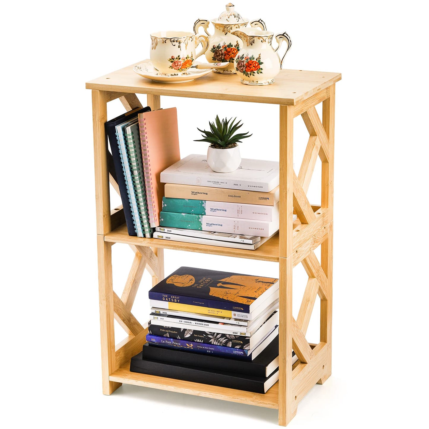 Frcctre 3-Tier Bamboo End Table Side Table Bedside Nightstand, 2 Shelf Small Bookshelf Bookcase, Multifunctional Display Rack Storage Stand for Bathroom, Bedroom and Living Room