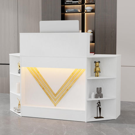 VOWNER 39.3" H Modern Reception Desk with LED Lighting, Office Counter with Display Cabinet, Secretary Desk with Power Outlets – Front Desk for Salon, Lobby (55.1" W x 21.2" D x 39.3" H) (White) VOWNER