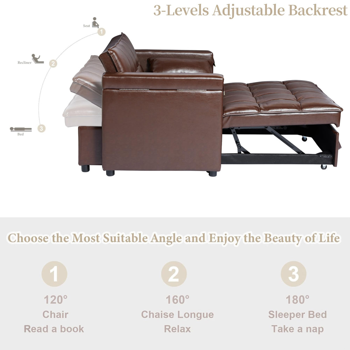 ORRD Convertible Sofa Bed, 3-in-1 Multi-Functional Faux Leather Sleeper Couch Pull-Out Bed, 48'' Loveseat Bed Chaise Lounge with Adjustable Backrest and Hidden Side Table for Living Room, Small Space ORRD