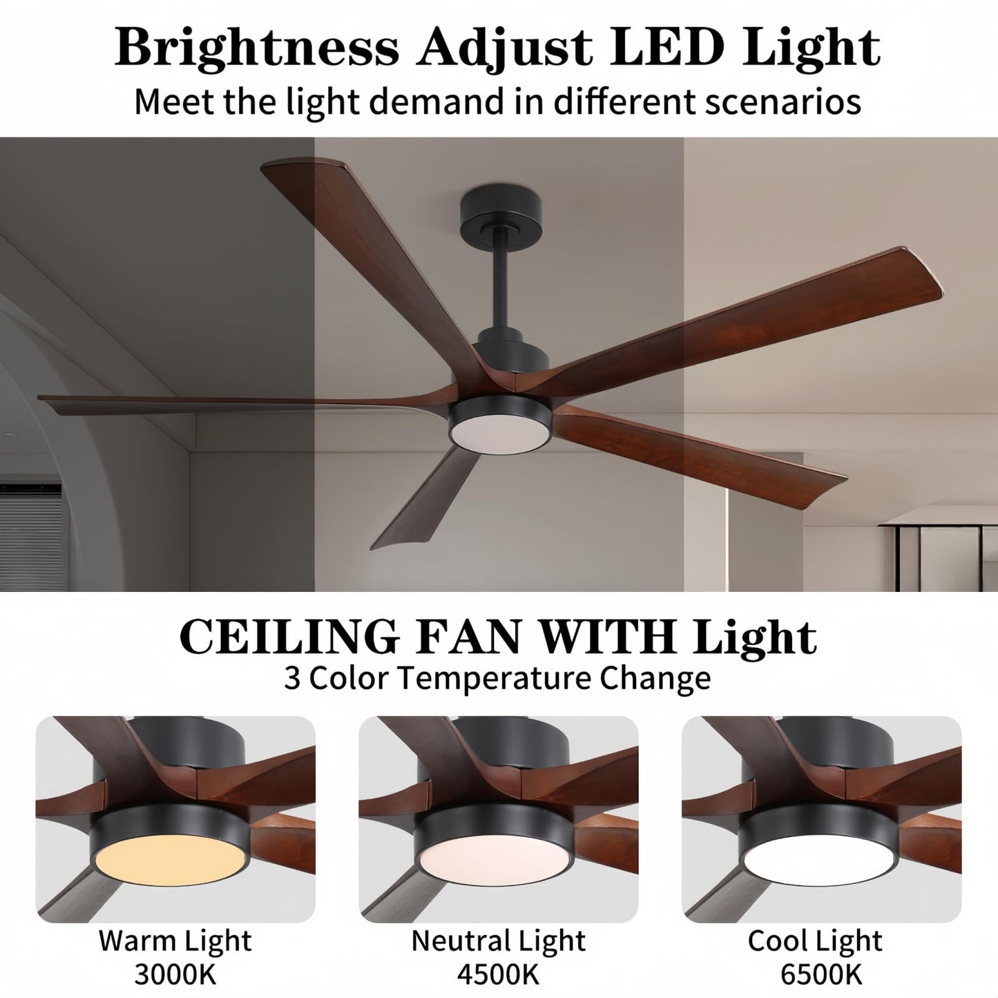 YKXONFA Ceiling Fans with Lights, Ceiling Fans with Lights and Remote,60 inch Modern Smart Ceiling Fan with Light for Patio Living Room, Bedroom, Office, Summer House (dark walnut, 60)