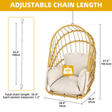 DWVO Foldable Hanging Egg Chair with Cushion, Rattan Wicker Swing Chair Without Stand, 350lbs Capacity, Indoor Outdoor Basket Seat for Balcony, Bedroom, Porch, Garden (Beige) DWVO