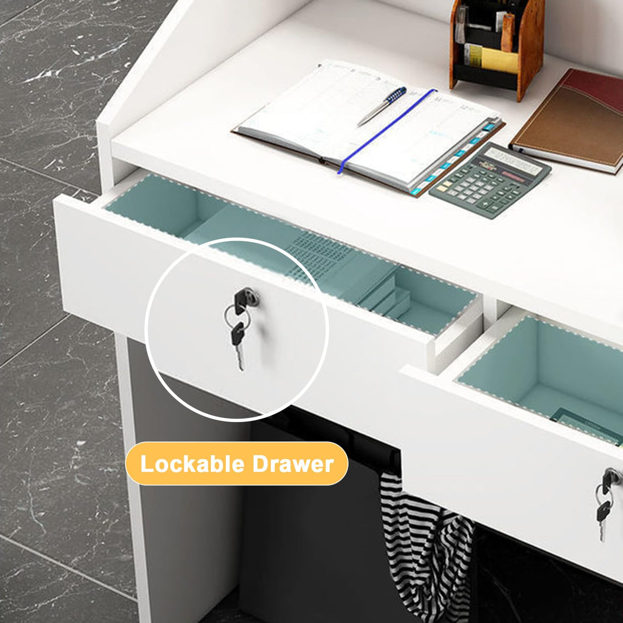 Walisk Modern Reception Desk with Lockable Drawer and Open Shelves, White, 60x38x92cm, 80x38x92cm, 100x38x92cm, 120x38x92cm, Office, Computer Desk WoodArtSupply