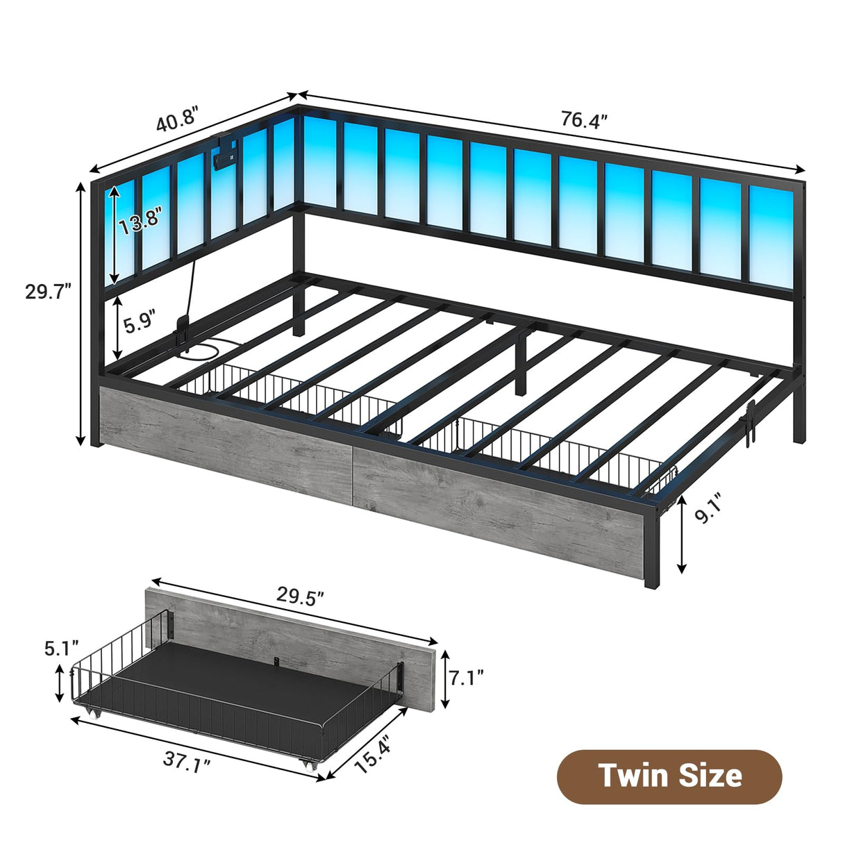 Hasuit Twin Corner Bed Frame with Storage Drawers, Twin Size Bed with Fence, Teenagers/Kids Bed Unit with Charging Station and LED Light, Black Modern Daybed Reversible Left or Right Hasuit