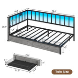 Hasuit Twin Corner Bed Frame with Storage Drawers, Twin Size Bed with Fence, Teenagers/Kids Bed Unit with Charging Station and LED Light, Black Modern Daybed Reversible Left or Right Hasuit