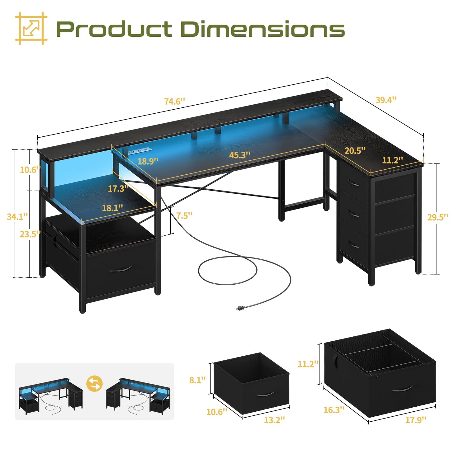 Yoobure L Shaped Desk with Drawers, Gaming Desk with LED Lights & Outlets, 75" Reversible Computer Desk with Storage File Cabinet & Printer Stand, Corner Desk Office Desk with Dual Monitor Stand Black