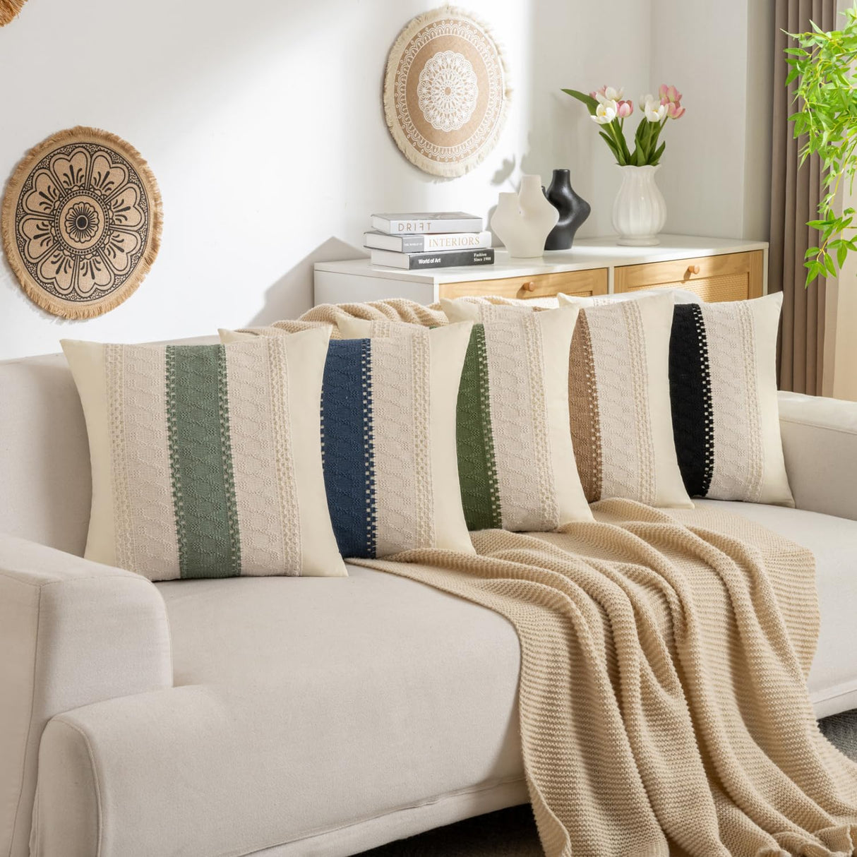 DBoer Brown Boho Cotton Throw Pillow Covers 18x18 Inch Rustic Farmhouse Decorative Pillowcases Retro Macrame Woven Square Cushion Cases for Sofa Couch Bed Living Room Home Decor Set of 2 DBoer