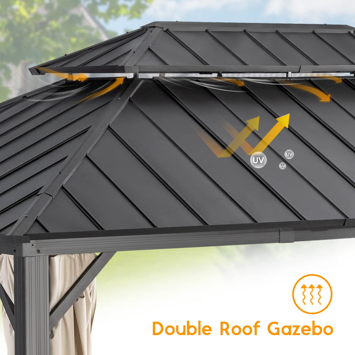 Warmally 12' x 16' Hardtop Gazebo, Outdoor Permanent Gazebo with Galvanized Steel Double Roof Canopy, Aluminum Frame Pavilion with Netting and Curtains for Patio, Deck, Backyard, Lawn and Gardens Warmally