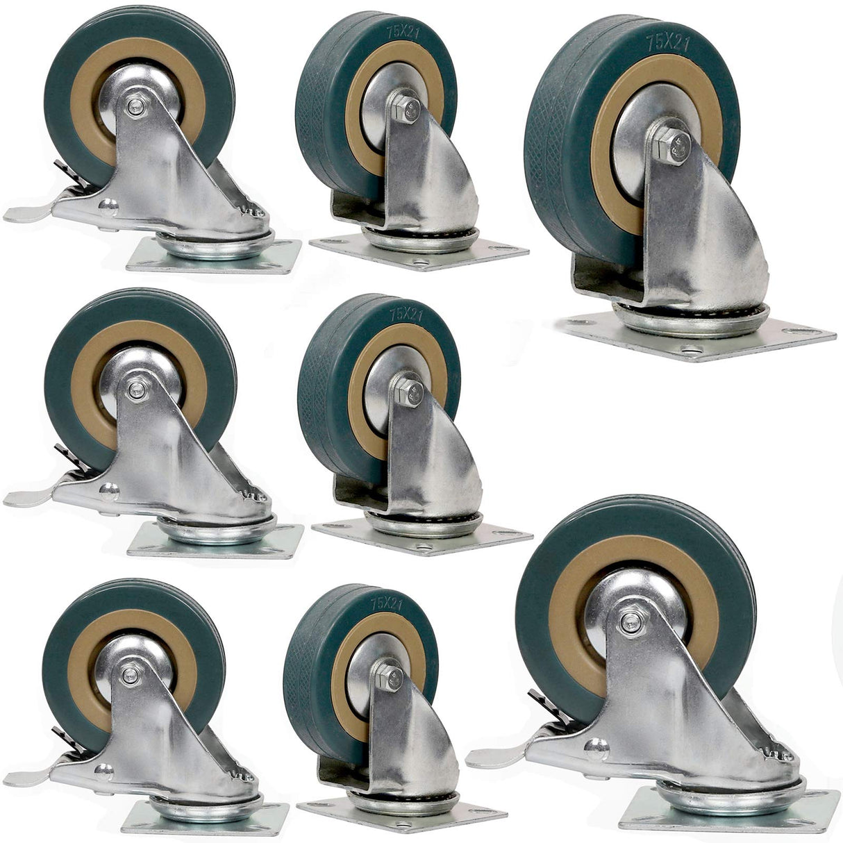 8 Packs 3 Inches (4 with Brakes, 4 Without),360 Degree Swivel Caster Wheels Set,KINJOEK Polyvinyl Chloride Caster Wheels with Brakes for Carts, Furniture, Workbench, Trolley, 880lb Total Capacity,Gray KINJOEK