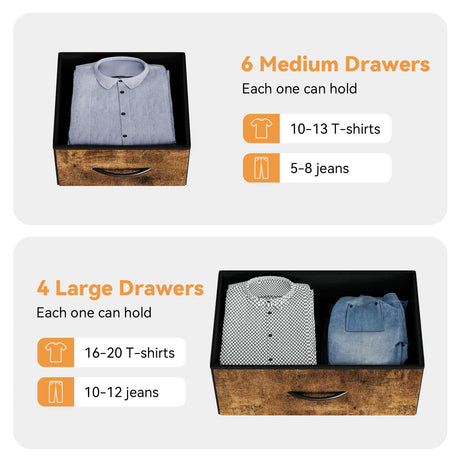 Dresser for Bedroom, 10 Drawers Fabric Storage Drawer, Dressers & Chest of Drawers with Side Pockets, Hooks, Wood Tabletop for Closet, Living Room, Hallway (Rustic Brown) Jojoka