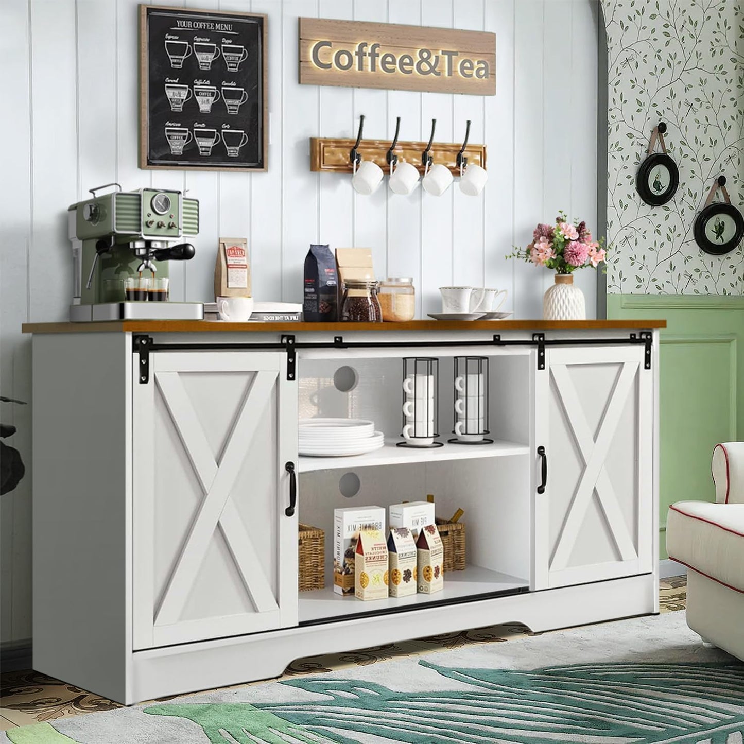 4 EVER WINNER White Coffee Bar Cabinet, Farmhouse Buffet Cabinet with Storage, 59" Sideboard Buffet Cabinet with Sliding Barn Doors, TV Stand Station Long Server Table Cupboard for Living Dining Room