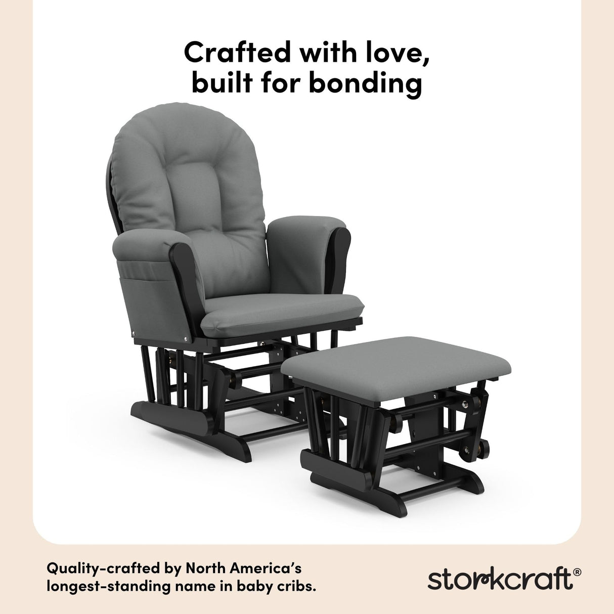 Storkcraft Premium Hoop Glider & Ottoman (Black with Gray) — GREENGUARD Gold Certified, Solid Wood Craftsmanship, Convenient Storage Pockets, Smooth-Gliding Chair for Nursery, Multi-Award-Winning Storkcraft