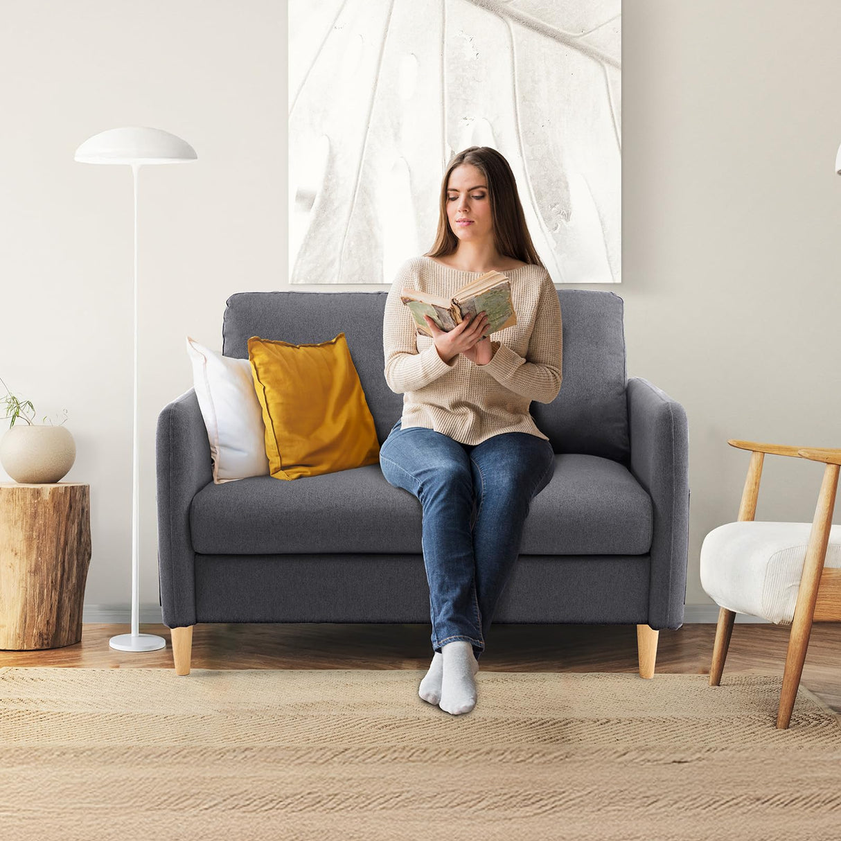 VINGLI 47" Small Couch, Dark Grey Linen Loveseat Sofa Mini Couch Mid Century Modern Decor Love Seat for Small Spaces Living Room, Bedroom, Play Room VINGLI