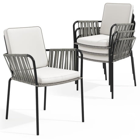 YITAHOME Outdoor Dining Chair Set of 4, All-Weather Rope & Rattan Woven Chairs, Indoor-Outdoor Armchair Seating for Patio, Backyard, Poolside, Balcony - Grey Rattan & Beige YITAHOME