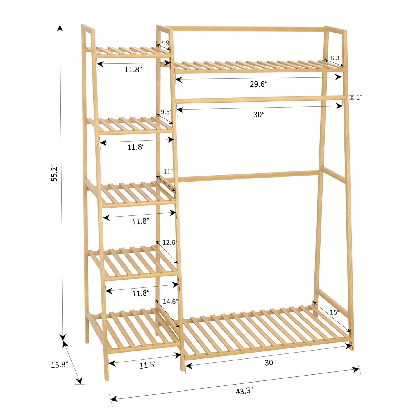 43.5" Bamboo Garment Rack - Free Standing Clothes Coat Hanger, Rolling Closet Organizer with Shoe Rack, Wardrobe Storage Shelves for Hall, Living Room, Bedroom, Office - WoodArtSupply