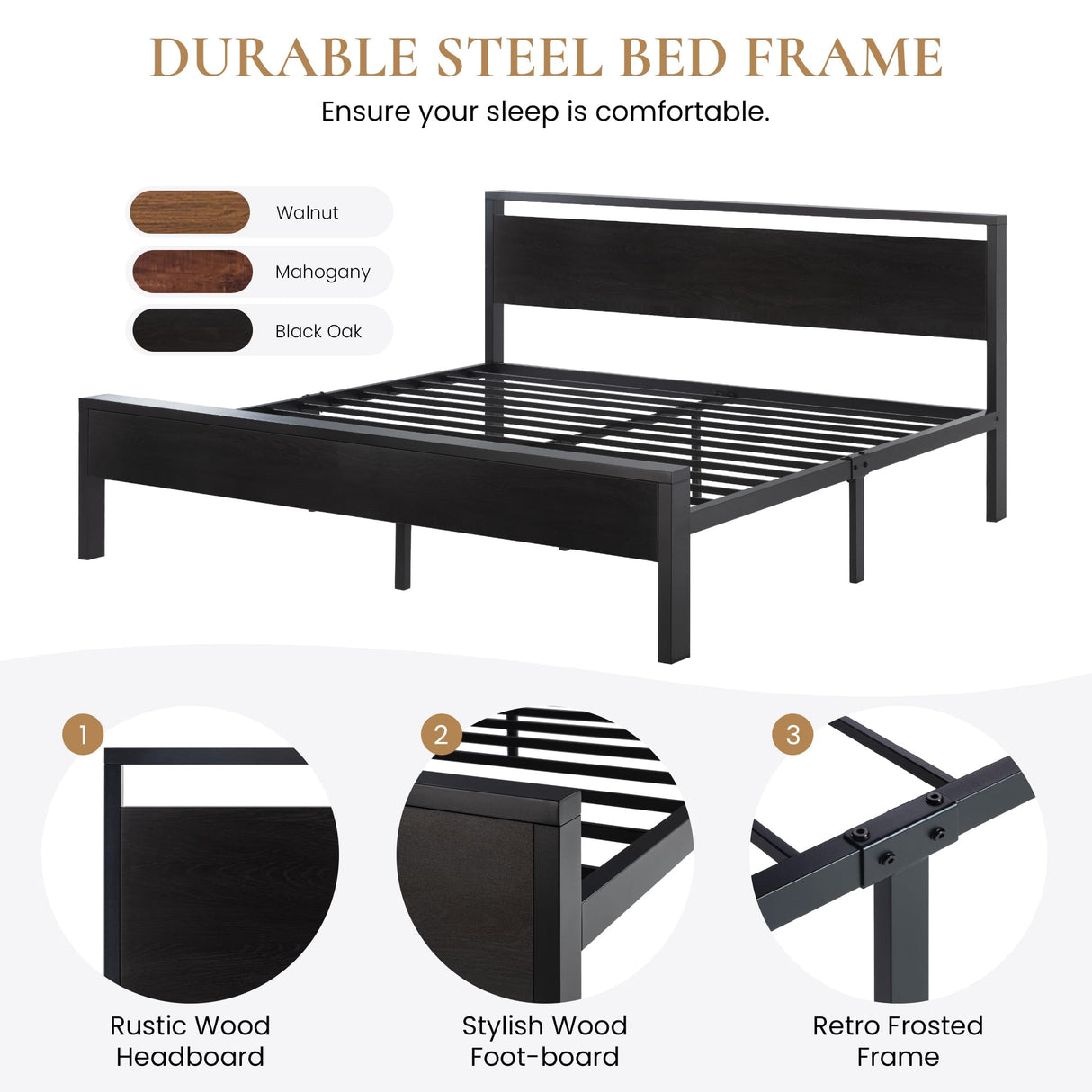 SHA CERLIN 14 Inch King Size Metal Platform Bed Frame with Wooden Headboard and Footboard, Mattress Foundation, No Box Spring Needed, Large Under Bed Storage, Black Oak SHA CERLIN