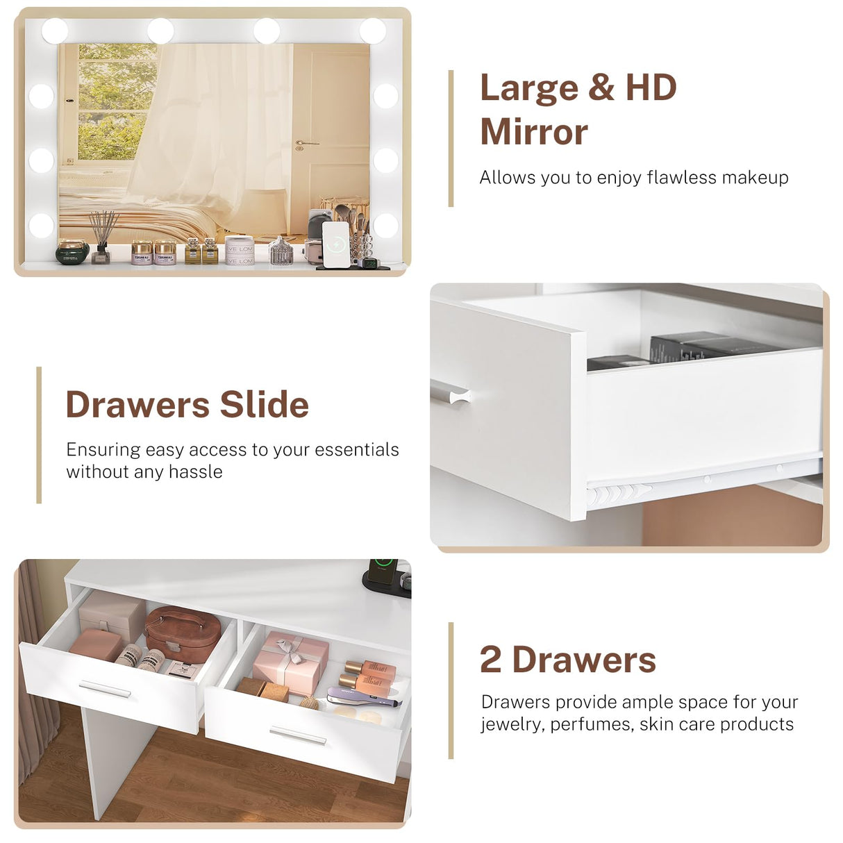 FIONESO Vanity Desk with Large Mirror, Makeup Vanity Table with Power Strip, 10 Lights & 2 Drawers, Dressing Table Set with 3 Lighting Color Adjustable for Women and Girls, Bedroom, White FIONESO