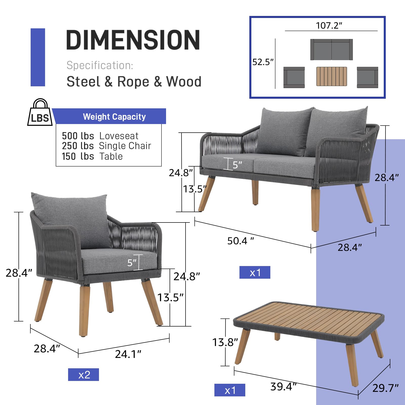 Patiorama 4 Piece Patio Furniture Set, Outdoor FSC Certified Acacia Wood Conversation Set, All-Weather Rope Sofa Set w/Coffee Table, Loveseat, Modern Deep Seating Set for Lawn Balcony Poolsid - WoodArtSupply