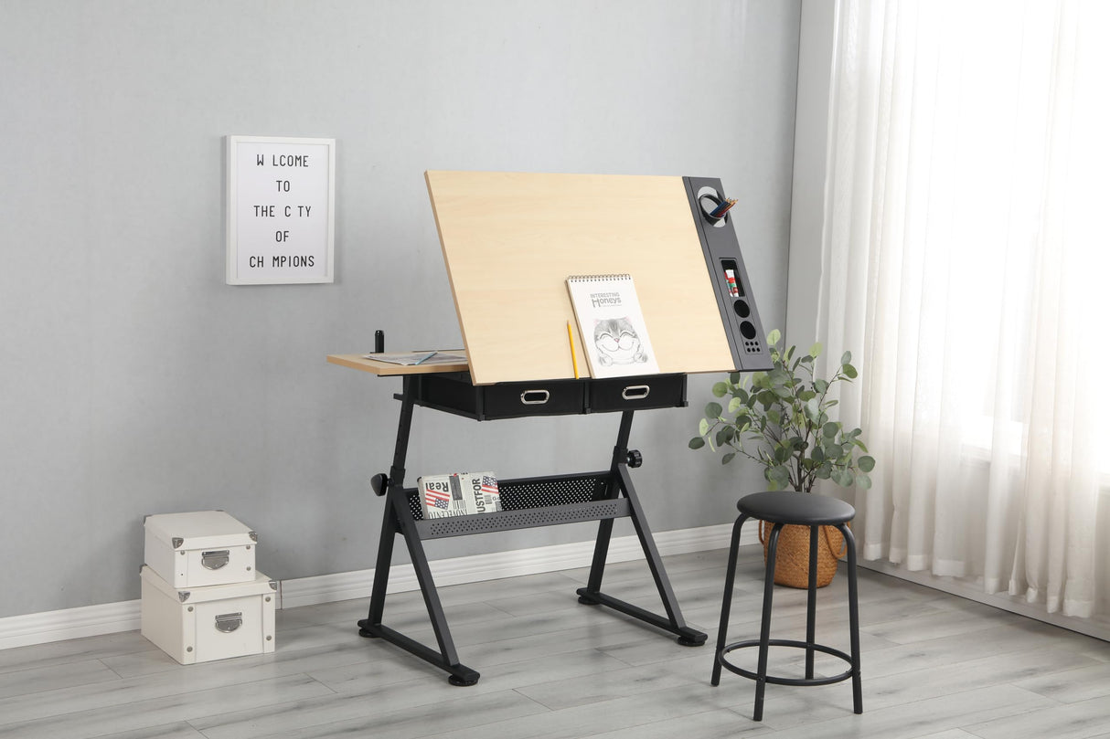 Height Adjustable Drafting Table,0-75° Art Craft Desk Drawing Table Artist Desk Tilting Tabletop Watercolor Paintings Sketching Work Station w/2 Storage Drawers and Stool for Home Office Oak CuisinSmart