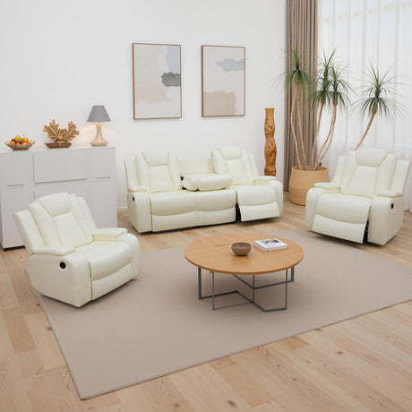 GEBADOL Leather Power Recliner Set with LED, 3-Piece Recliner Sofa and Loveseat Chair with Storage Console/Charging Port, Modern Reclining Furniture for Living Room (Cream-White, Sofa+2 Chairs) GEBADOL