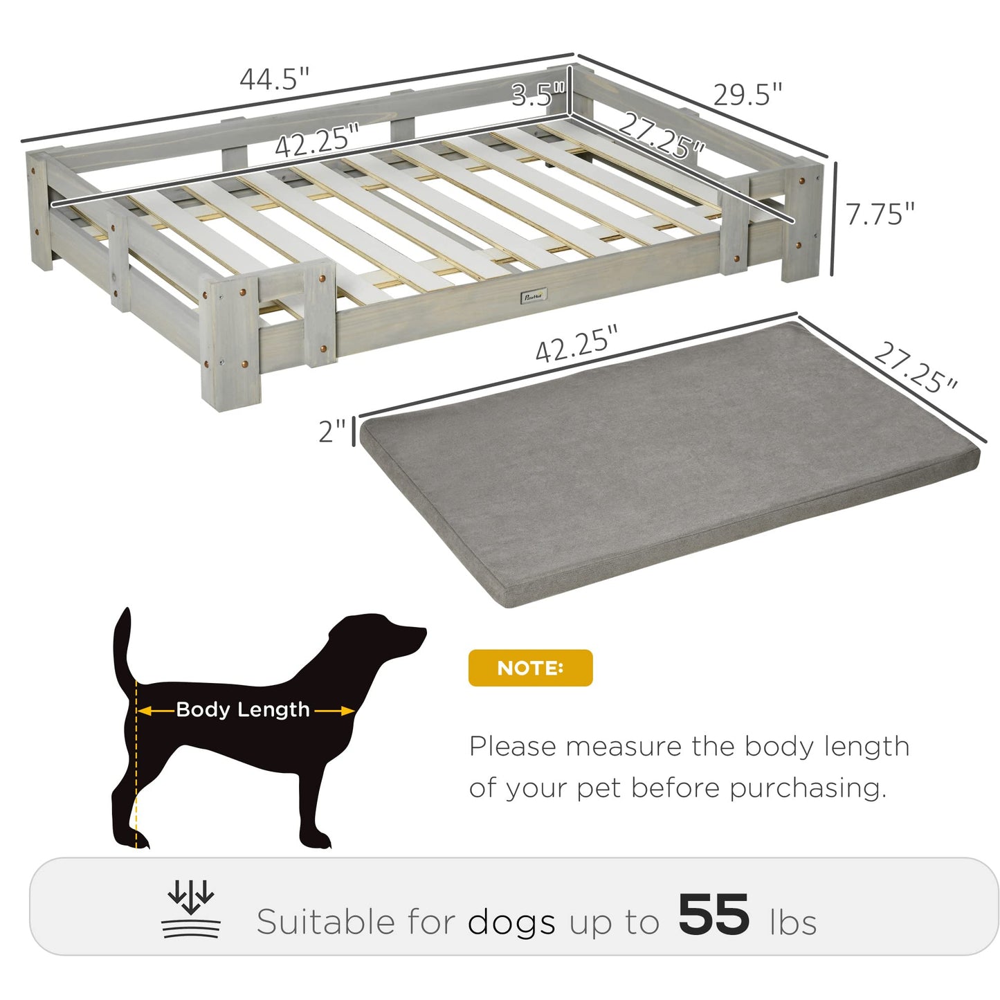 PawHut Large Dog Bed with Soft Foam Cushion, Wooden Dog Couch with Roomy Surface, Elevated, Slate Gray - WoodArtSupply