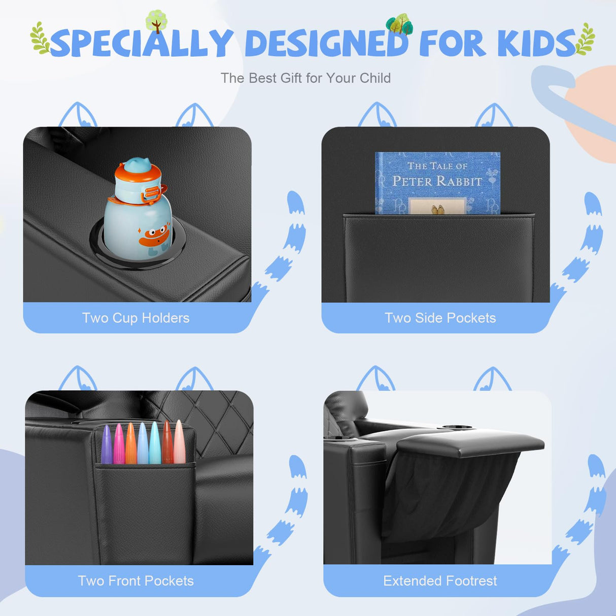 FURNIMAT Kids Recliner Chair, Leather Push Back Kids Reclining Chair with Cup Holders & Side Pockets, Safety Adjustable Footrest Toddler Recliner for Age 3+, Kid Recliners for Girls Boys, Black FURNIMAT