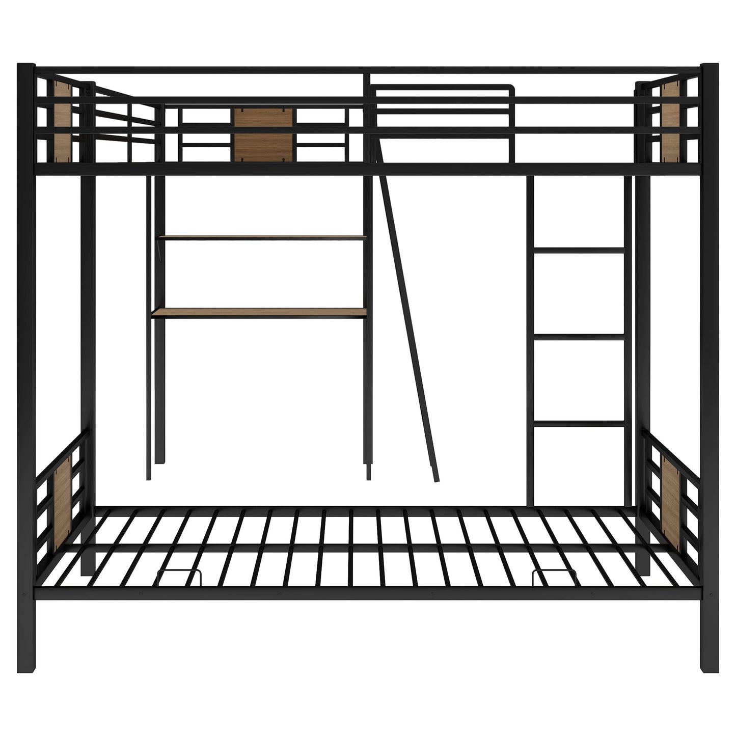 MERITLINE Triple Metal Bunk Beds,L-Shaped Metal Triple Bunk Bed with Desk and Shelf, Twin Over Twin Bunk Bed with A Twin Loft Bed Attached, 3 Bed Bunk Beds for Kids Teens, Brown