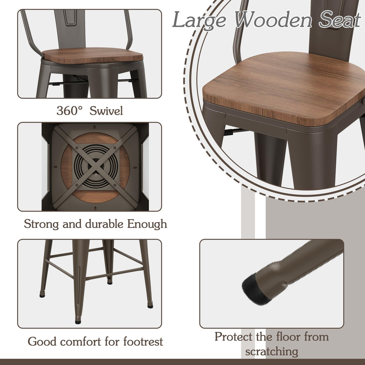 Alunaune 24" Swivel Metal Counter Height Bar Stools Set of 4 High Back Industrial Bar Chairs Kitchen Barstools with Large Wooden Seat-Rusty Alunaune