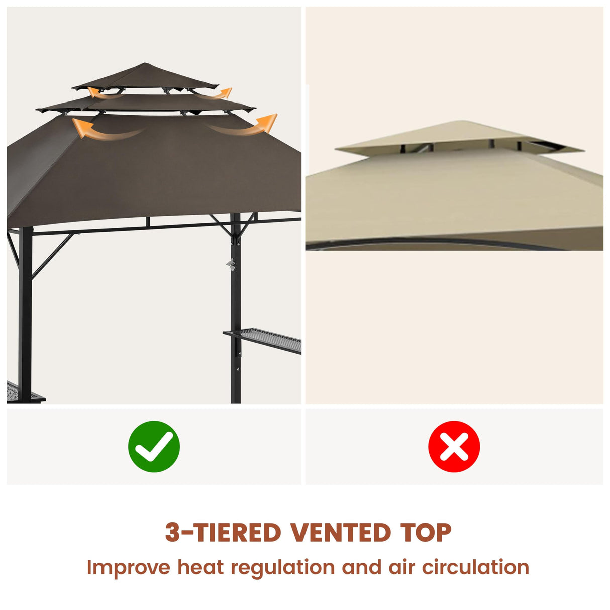 Yaheetech 8×5' Grill Gazebo, 3-Tier Outdoor BBQ Gazebo with Height-Adjustable Shelves & 10 S-Shaped Hooks & Built-in Bottle Opener, Brown Yaheetech