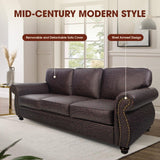 Couchus Mid-Century Vintage Sofa Couches with Rivet Design,loveseat Sofa,Removable Sofa Cover Upholstered Cushions and Solid Wood Frame (Brown, 3-Seater) Couchus