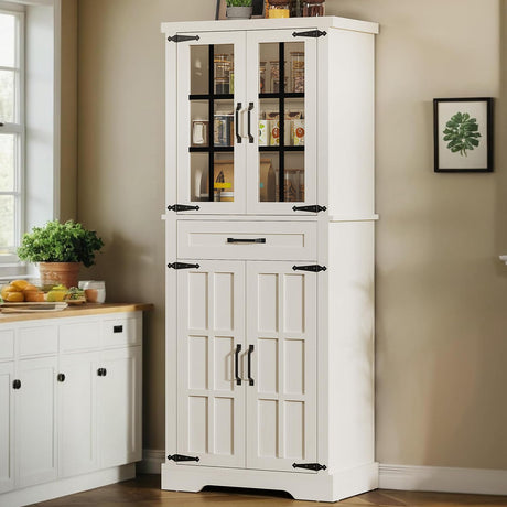 DWVO Farmhouse Kitchen Pantry Cabinet, 71" Tall Storage Cabinet with Adjustable Shelves & Glass Doors, Freestanding Kitchen Cupboard for Dining Room, Living Room, White Oak DWVO